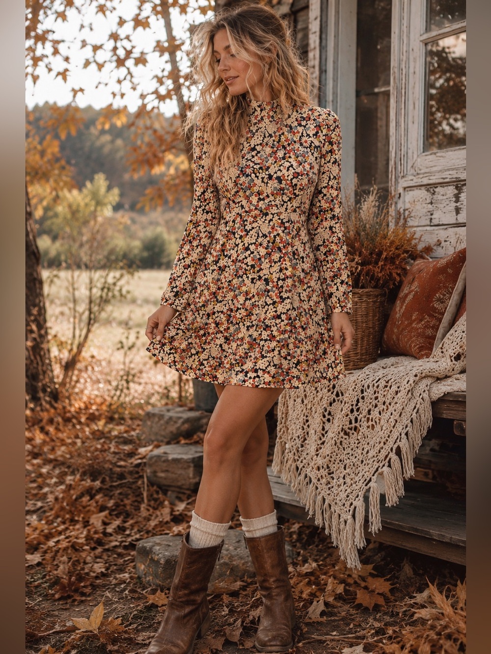 Chelsea & Theodore Floral Mock Neck Mini Dress Cottagecore Boho Long Sleeve S